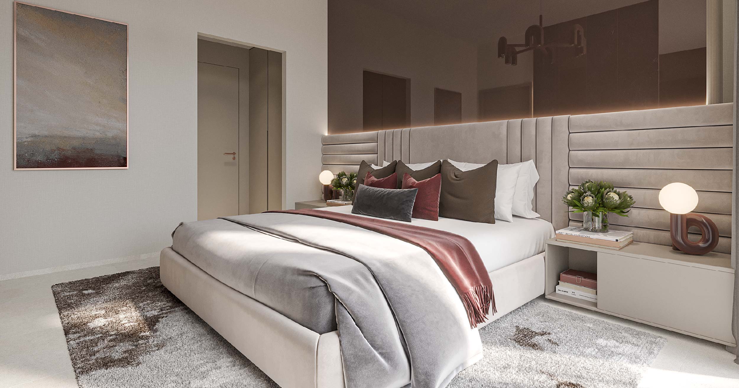 Luxor By Imtiaz A modern bedroom featuring a plush bed, decorative pillows, elegant lighting, and soft area rugs against neutral tones.